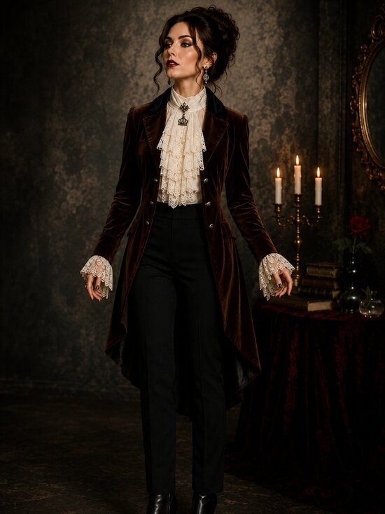 Other - HALLOWEEN: Victorian Vampire Costume Brown Velvet Jacket Ivory Lace Shirt Gothic